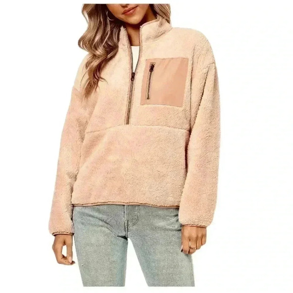 Elodie Tan Plush 1/2 Zip Jacket Size S Women's Fleece Sweatshirt Sweater Cozy - Picture 1 of 10